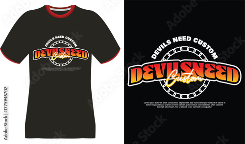 Black T-Shirt Design with "Devils Need Custom" Logo and Chain Motif