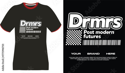 Drmrs Post Modern Futures" Graphic T-Shirt Design with Checkerboard and Barcode Elements