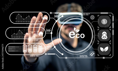 Man using virtual reality headset to explore eco-friendly technology and data analytics for environmental sustainability and smart solutions in modern ecosystems