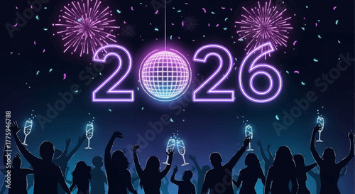 Vibrant New Year's Eve 2026 celebration with dancing silhouettes, dazzling fireworks, and a glowing disco ball; a festive atmosphere perfect for welcoming the future
