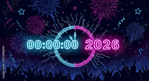 Happy New Year 2026 Fireworks Celebration Countdown Clock with Cheering Crowd