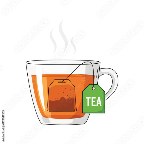 Cup of black herbal tea in transparent glass mug with tea bag – hot beverage vector illustration