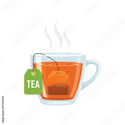 Cup of black herbal tea in transparent glass mug with tea bag – hot beverage vector illustration