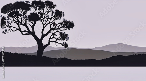 Silhouette of a lone tree with rolling hills at dusk