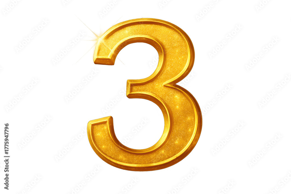 Obraz premium Gold number three with sparkle effect on transparent background, celebrating anniversary, successful achievement