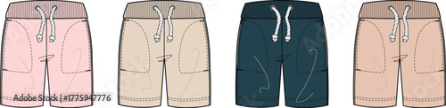 Vector illustration collection of casual jogger shorts. Apparel design template with multiple colorways for clothing mockups