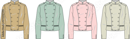 Diverse set of women's military-inspired cropped jackets in pastel colors, highlighting detailed buttons and structured collars, perfect for fashion design and apparel creation