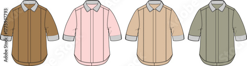Technical flat fashion sketch of a classic long-sleeve button-down shirt in various colors. Apparel design template with rolled-up sleeves and collar
