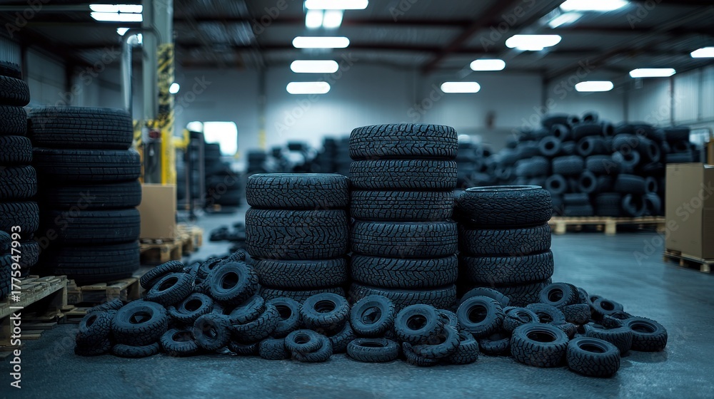 Obraz premium Stacks of tires fill a large warehouse with bright overhead lighting