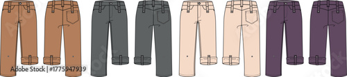 Fashion technical flat sketch of women's trousers in multiple colorways. Clothing design template for apparel manufacturing