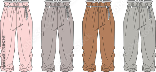 Fashion design technical flat sketch set of women's high-waist paperbag pants with belted detail and cuffed ankles in four color options