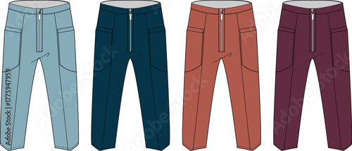 Four pairs of casual unisex cargo pants in different colors including blue, dark blue, orange, and purple