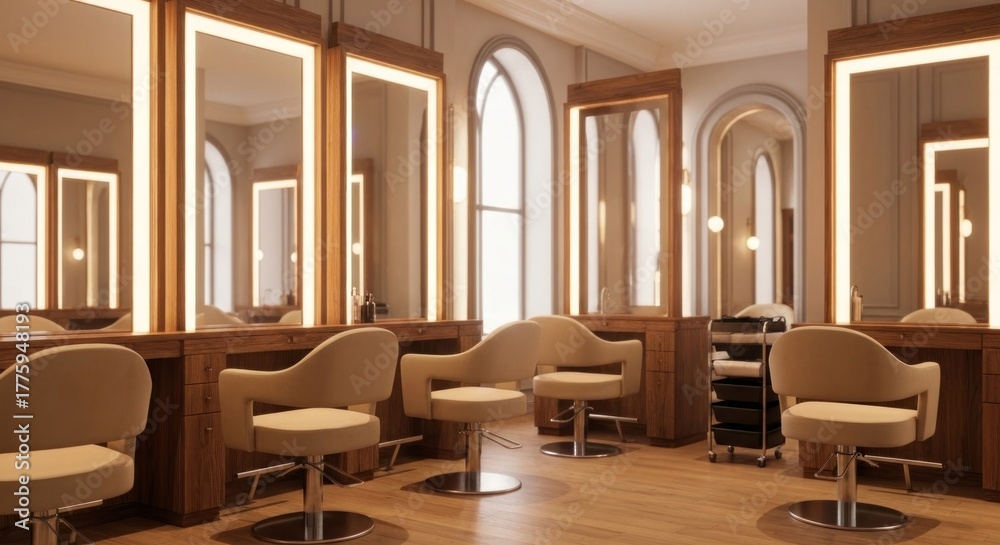 Fototapeta premium Stylish salon interior with mirrors, chairs, and soft lighting