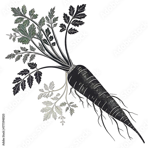 Vintage style illustration of a fresh carrot with green tops and roots