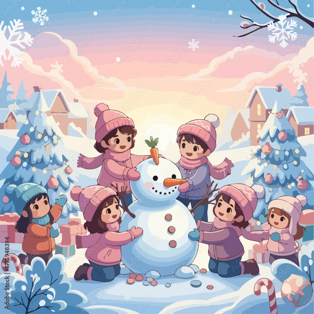 Fototapeta premium Winter Wonderland A Heartwarming Scene of Children Building a Snowman Together Under a Pastel Sky