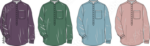 Collection of men's casual long-sleeve shirts in various colors, featuring placket necklines and chest pockets. Perfect for apparel design and fashion illustration projects