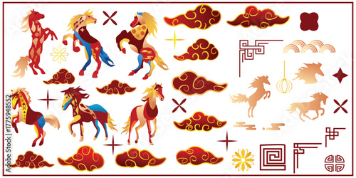 Traditional colorful stylized style vector for Chinese New Year 2026. Illustration of red mythological horse with lights, red clouds and geometric shapes elements, ideal for greeting card banner 
