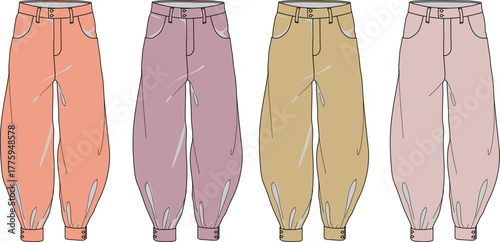 A colorful collection of women's baggy harem style pants in pastel shades. Fashion illustration set with technical flat sketches for apparel design concept