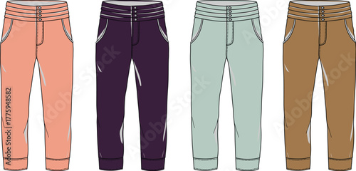 Four different colored pants displayed in a row, showcasing unique waistband designs and fabric textures