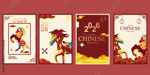Premium vector collection for 2026 Chinese New Year. Includes editable banners, social media posts, and card templates featuring a festive red mythological horse.