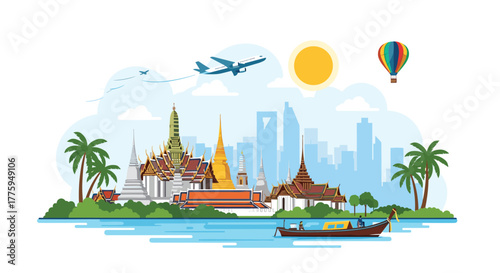 Bangkok cityscape with iconic temples, modern skyscrapers, river, and various modes of travel.