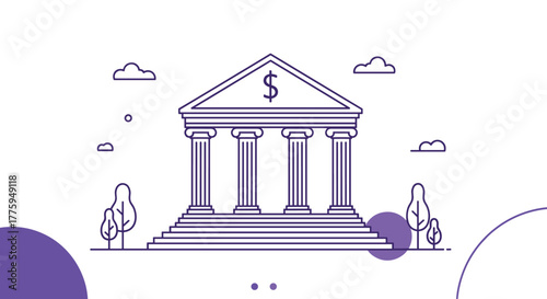 Clean line art illustration depicting a traditional bank building with a dollar sign on the pediment, representing finance and banking services.