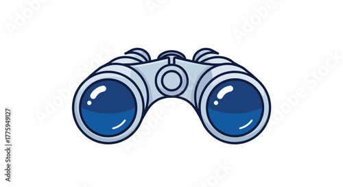 A cartoon illustration of a pair of silver binoculars with blue lenses, isolated on a white background, representing observation and exploration.