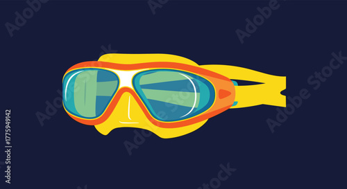 Vibrant illustration of yellow and orange swimming goggles or a diving mask with blue-green lenses, perfect for summer water sports adventures.