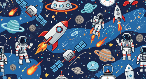 Pixel art seamless pattern of space exploration elements including astronauts, rockets, and planets.