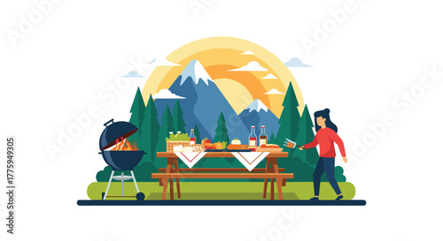 A person enjoys a vibrant outdoor barbecue picnic in a scenic natural landscape with mountains and trees under a warm sunset.