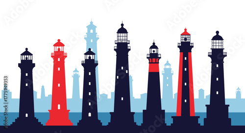 Diverse lighthouses in red and dark blue stand tall, guiding ships across a calm blue sea with a distant city silhouette.