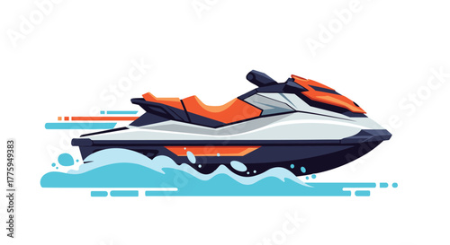 A stylized illustration of a jet ski speeding across the water, leaving a vibrant wake and spray, ideal for summer activities and water sports.