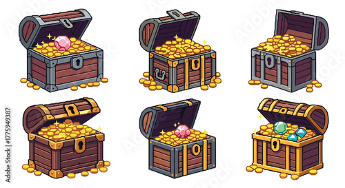 Collection of pixelated treasure chests overflowing with glittering gold coins and valuable gemstones, evoking classic video game aesthetics.
