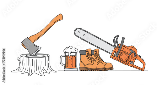 Lumberjack's essential tools and a rewarding beer, depicting a rugged woodcutting lifestyle.