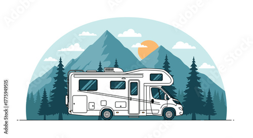 A white motorhome is parked amidst a picturesque mountain landscape with evergreen trees, clouds, and a sunset, depicting a serene travel adventure.