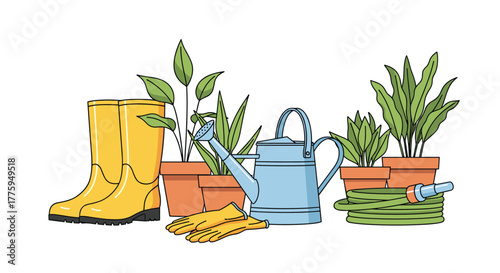 Essential gardening tools and potted plants arranged together, featuring yellow rubber boots, a blue watering can, gloves, and a coiled hose.