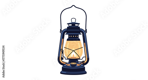 An illuminated vintage oil lantern with a glowing wick and glass globe on a white background, ready for outdoor adventures or rustic decor.