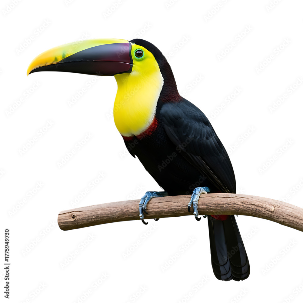 Obraz premium Toucan, Perched on a Branch with Vibrant Yellow Chest and Large Beak, cutout, PNG isolated on white or transparent background