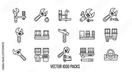 Modern vector icon set featuring essential adjustable wrenches, spanners, and socket tools for automotive repair, plumbing, and industrial maintenance applications