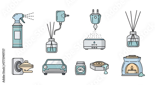 Vector icon set depicting diverse air freshening solutions, essential oil diffusers, and aroma devices for home and vehicle environments, enhancing ambiance and scent