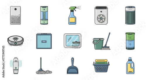Collection of diverse flat line vector icons for home cleaning, hygiene, and household maintenance tasks, isolated on a white background
