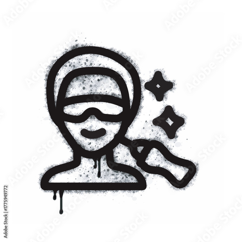 Graffiti-style facial care icon with spray paint isolated on a white background. Graffiti-style facial care icon with spray paint on the bottom in black on white. Vector illustration.