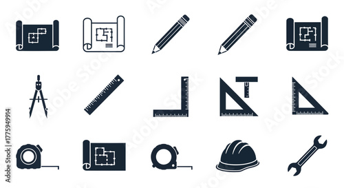 Comprehensive vector icon set featuring essential construction and architecture tools, including blueprints, measuring devices, and drawing instruments, ideal for engineering and design projects