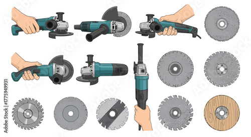 Comprehensive vector collection featuring angle grinders, diverse cutting and grinding discs, essential power tools for industrial and DIY projects, isolated on white background
