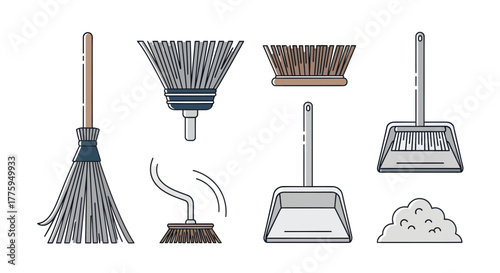Vector icon set of cleaning tools brooms, brushes, and dustpans, in a minimalist flat line art style for household hygiene