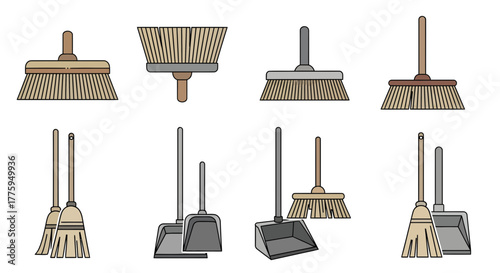 Vector icon set of essential household cleaning tools various brooms, whisk brooms, and dustpans. Perfect for domestic sanitation, chores, and housekeeping concepts