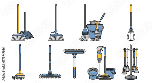 Comprehensive vector icon set depicting various household cleaning tools, including brooms, mops, buckets, sprays, and an organized storage rack, for domestic hygiene tasks