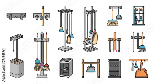 Diverse vector icon set showcasing various household cleaning tools, including broom sets, mop stands, and dustpans, depicted with modern designs on a clean white background