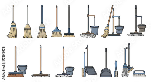 Comprehensive Vector Icon Set Essential Household Cleaning Tools for Domestic Maintenance, Featuring Brooms, Mops, Buckets, Dustpans, and Brushes for Efficient Tidiness