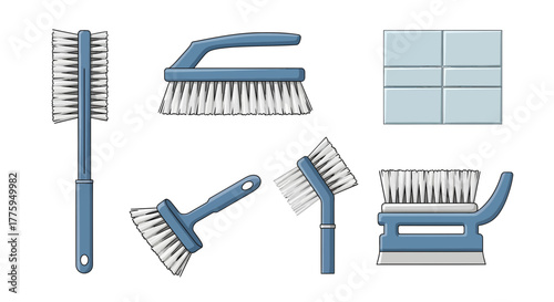 Vector icon set of essential cleaning brushes and household hygiene tools, perfect for domestic chores and sparkling home maintenance, isolated on a clean white background